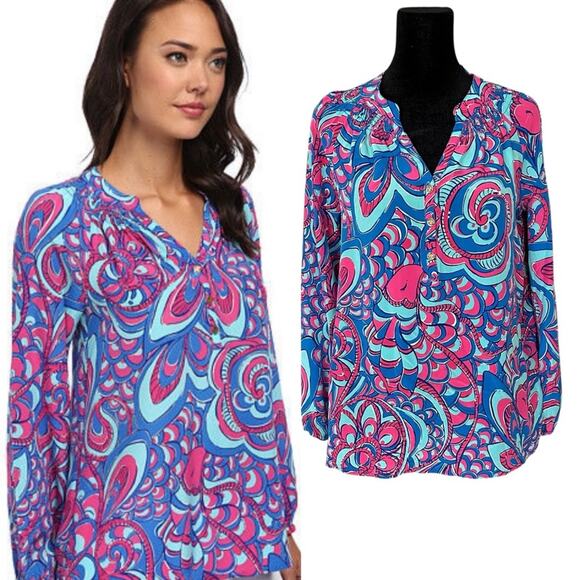 Lilly Pulitzer Elsa Blouse Top in Reel Me In 100% Silk Mermaid Core Vacation Sm - Picture 1 of 12